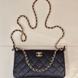 CHANEL Black Quilted Leather Crossbody with Gold Chain